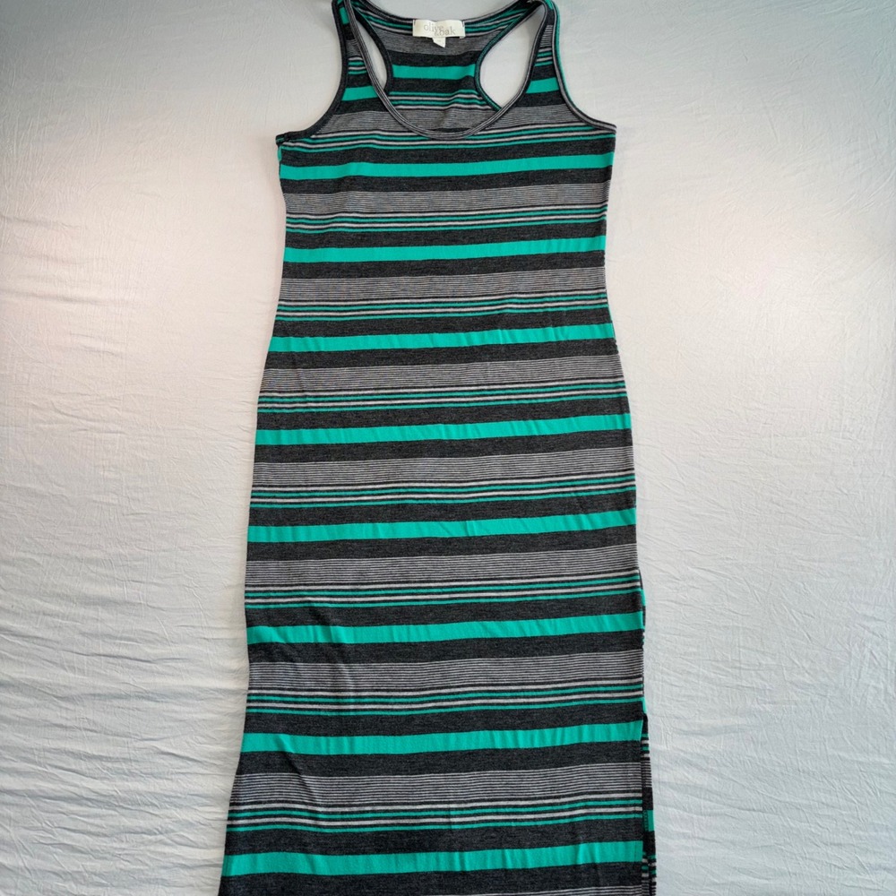 Olive & Oak Womens XS Teal Grey Striped Racerback Maxi Dress Slit Sleeveless